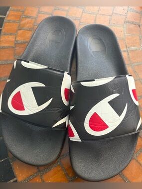 Champion Black Slides with White & Red Logo Print